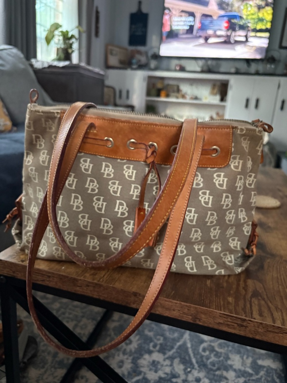 Dooney & Bourke Brown Tan Monogram Canvas Shoulder Bag